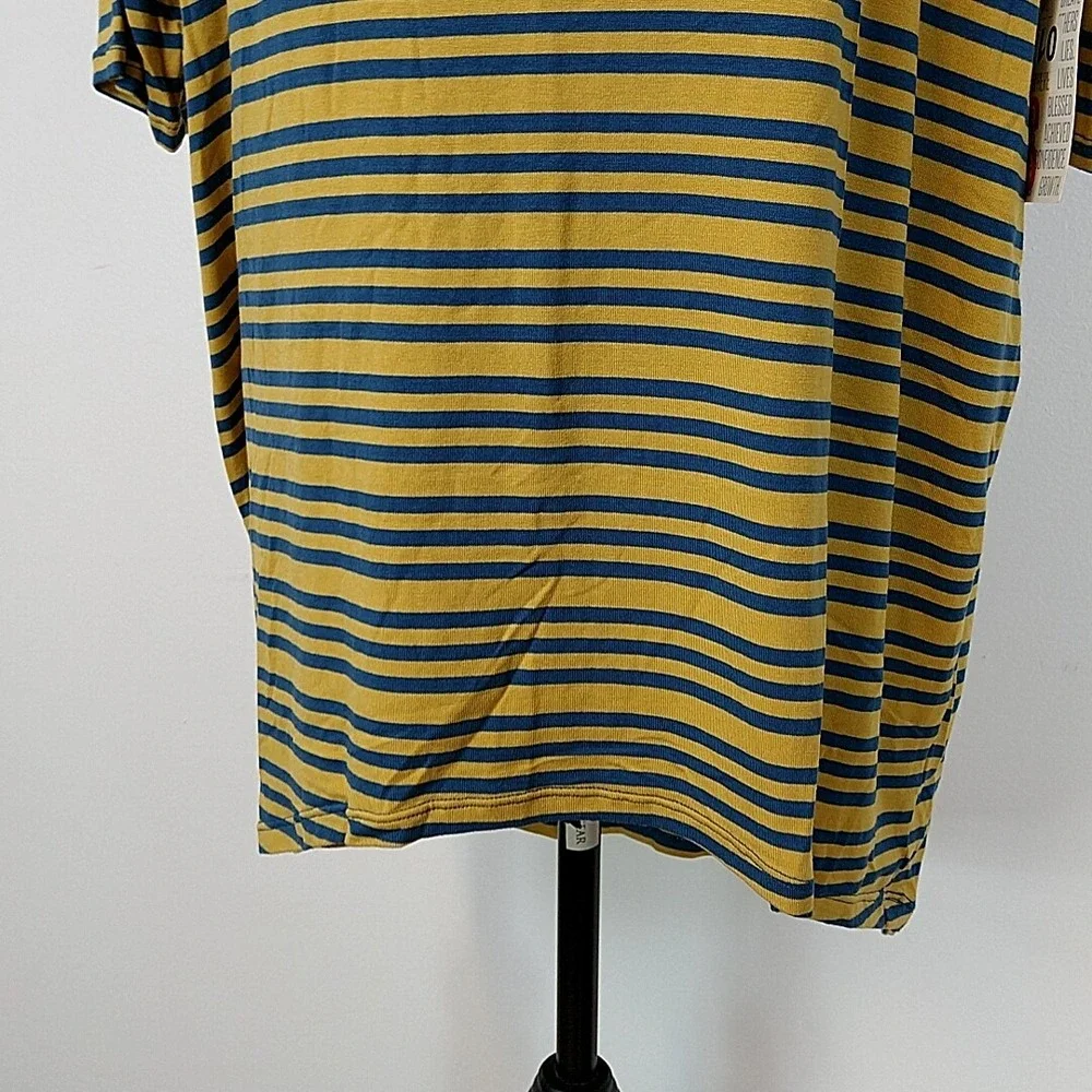 LuLaRoe Irma Tunic Top Womens Small Mustard Navy Blue Striped High Low Relaxed